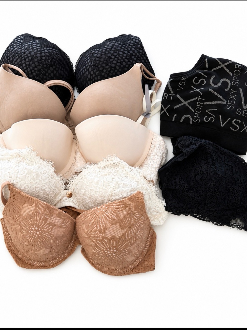 7 Bra Bundle Aerie & Victoria's Secret  in Black, Nude, Beige and Tan